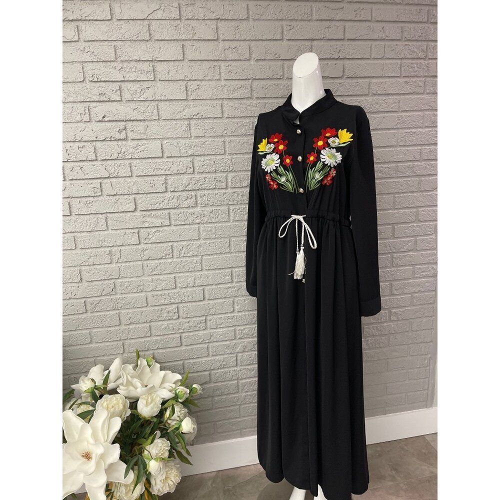 Dorado Women Black Long Sleeve Embroidered Floral Boho Maxi Dress Size L